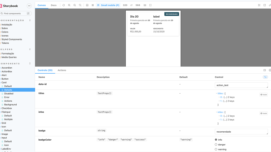 Screenshot do Storybook com componentes implementados